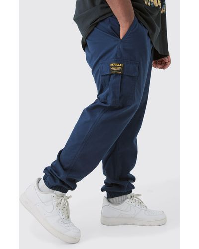 BoohooMAN Plus Elastic Waist Twill Slim Fit Cargo Tab Trousers - Blue