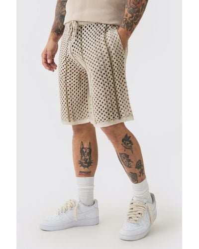 BoohooMAN Relaxed Open Stitch Stripe Knitted Shorts - Natural