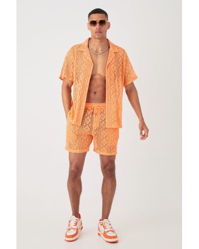 BoohooMAN Boxy Crochet Look Shirt & Short - Orange