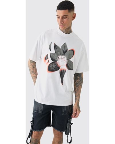 BoohooMAN Tall Oversized Extended Neck Abstract Floral Print T-shirt - White