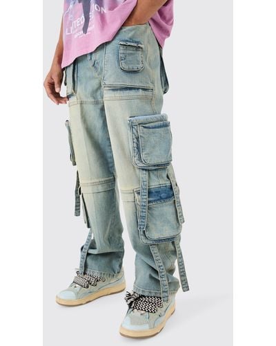 Boohoo Baggy Rigid Mulit Pocket Cargo Strap Denim Jean In Light Blue