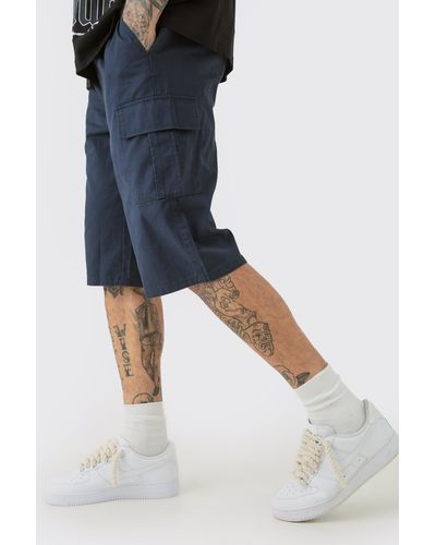 BoohooMAN Tall Elastic Waist Navy Relaxed Fit Longer Length Cargo Shorts - Blue