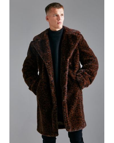BoohooMAN Tall Faux Fur Leopard Print Overcoat - Black