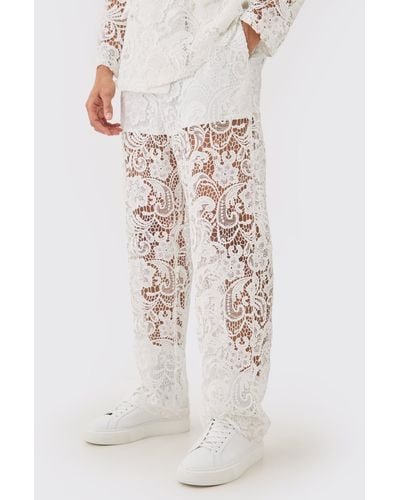 BoohooMAN Relaxed Fit Lace Suit Pants - White