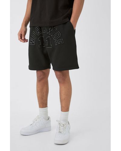 BoohooMAN Relaxed Mid Length Waffle Applique Shorts - Schwarz