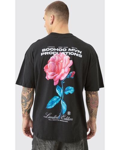 BoohooMAN Oversized Extended Neck Floral Back Print T-shirt - Grey