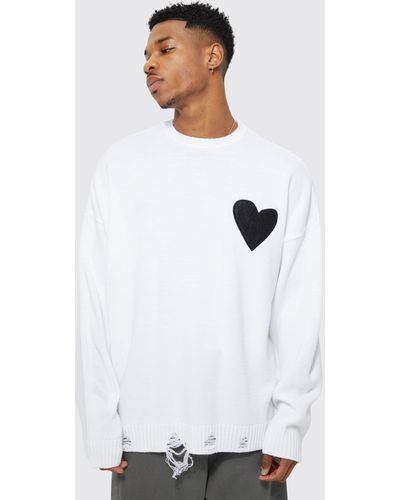 BoohooMAN Oversized Distressed Hem And Heart Detail Sweater - White