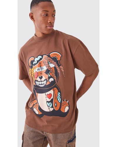 BoohooMAN Oversize T-Shirt mit Angry Teddy Print - Braun