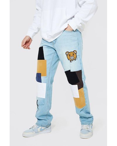 Boohoo Relaxed Fit Teddy Patchwork Jeans - Blue