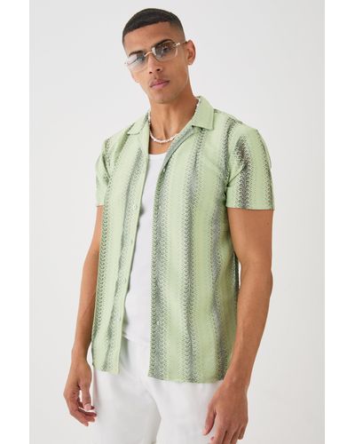 BoohooMAN Open Stitch Sheer Stripe Shirt - Green