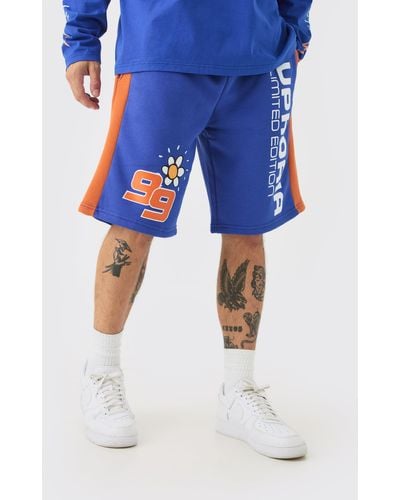 Boohoo Euphoria Graphic Long Length Basketball Shorts - Blue