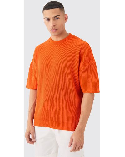 BoohooMAN Oversized Ribbed Knit T-shirt - Orange