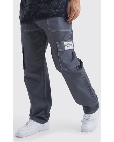 BoohooMAN Relaxed Contrast Stitch Cargo Trouser With Woven Tab - Blue