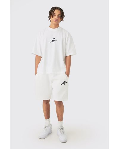 BoohooMAN Oversized Boxy Flock Printed T-shirt & Short Set - White