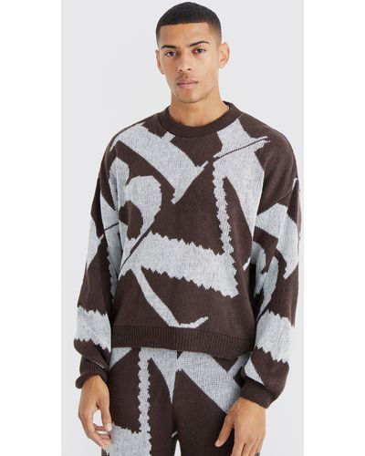 Boohoo Boxy Brushed Jacquard Knitted Sweater - Gray