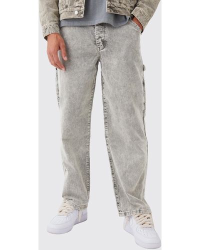 BoohooMAN Baggy Rigid Acid Wash Cord Trousers In Khaki - Grey