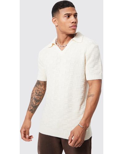 BoohooMAN Open Weave V Neck Revere Textured Polo - White