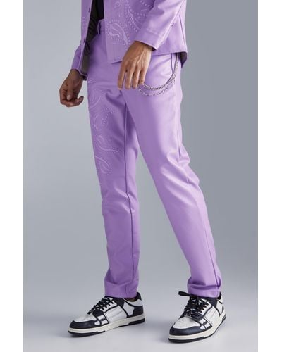 BoohooMAN Pu Paisley Embroidered Slim Trouser - Purple