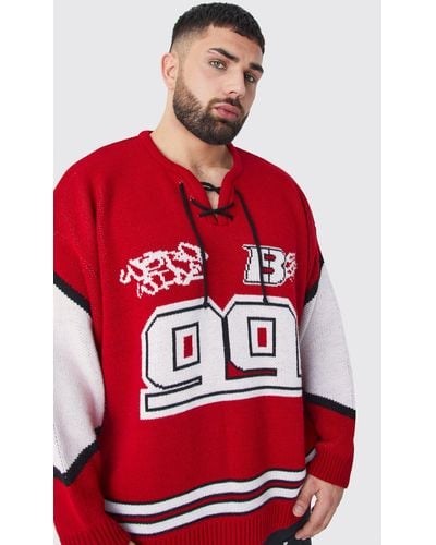 BoohooMAN Plus Oversized Lace Up Hockey Jumper - Red