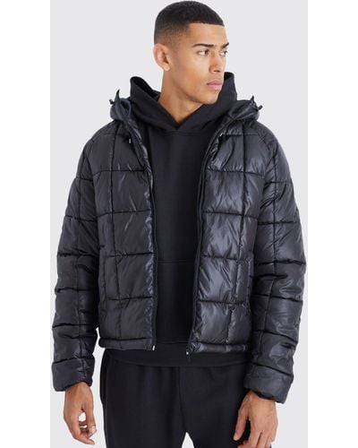 BoohooMAN Boxy Square Quilted Puffer With Hood - Blue