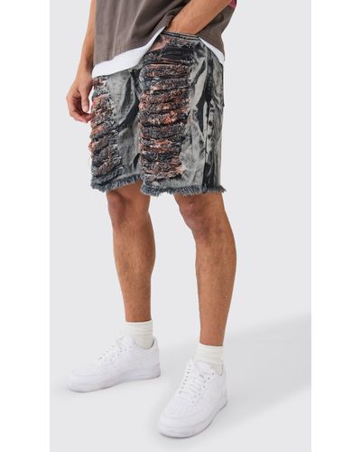 BoohooMAN Relaxed Rigid Extreme Ripped Denim Short In Charcoal - Gray