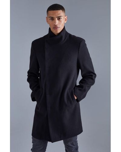 Boohoo Funnel Neck Wool Look Overcoat In Black