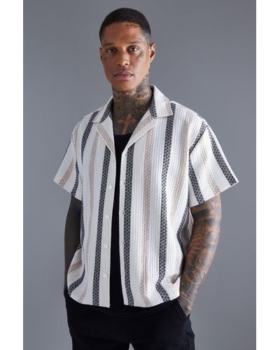 BoohooMAN Short Sleeve Boxy Linen Look Stripe Shirt - Grey