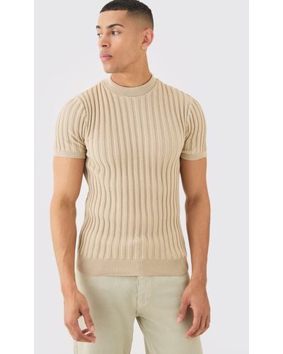 BoohooMAN Muscle Fit Ribbed Knit T-shirt - Natural