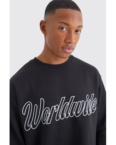 BoohooMAN Oversized Worldwide Puff Print Sweatshirt - Black