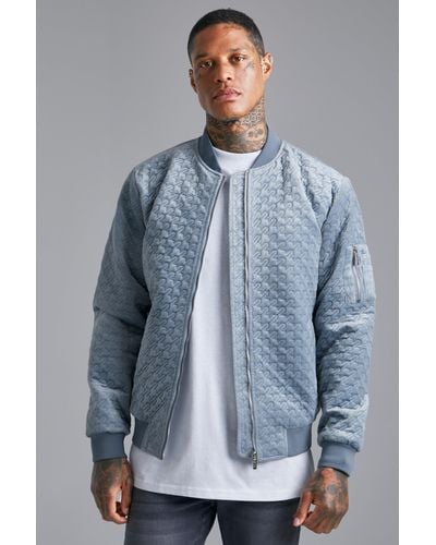 BoohooMAN Houndtooth Quilted Velvet Bomber - Blue