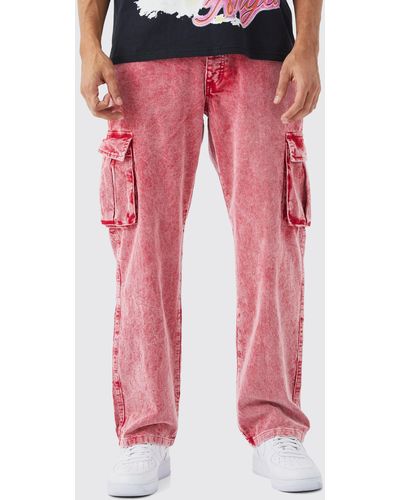 Boohoo Relaxed Acid Wash Corduroy Cargo Trouser - Red