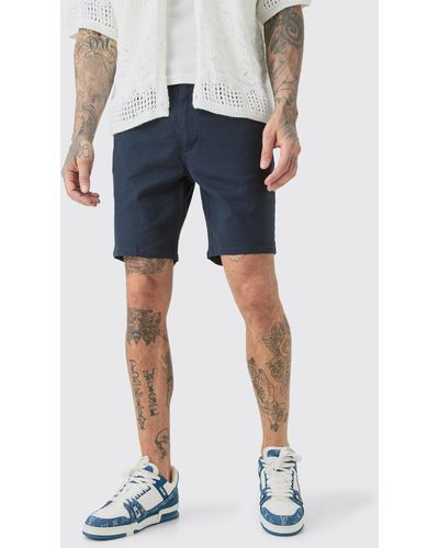 BoohooMAN Tall Fixed Waist Navy Slim Fit Chino Shorts - Blue