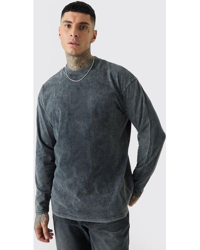 BoohooMAN Tall Oversized Extended Neck Laundered Wash Long Sleeve T-shirt - Blue