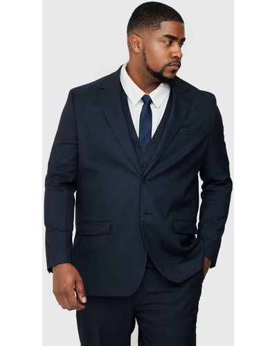 BoohooMAN Plus Navy Pinstripe Single Breasted Regular Fit Suit Jacket - Blue