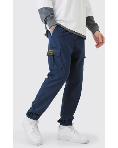 BoohooMAN Tall Elastic Waist Twill Slim Fit Cargo Tab Trousers - Blue