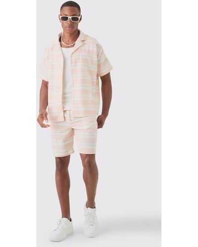 BoohooMAN Short Sleeve Boxy Woven Stripe Shirt & Short - Natural