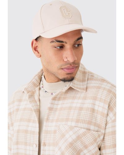 BoohooMAN Tonal Varsity Badge Cap In Stone - Natural