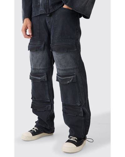 BoohooMAN Baggy Rigid Multi Pocket Cargo Jeans - Black