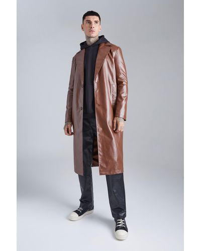 BoohooMAN Pu Trench Coat - Brown