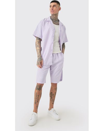 BoohooMAN Tall Oversized Linen Drop Revere Shirt & Short Set In Lilac - Purple