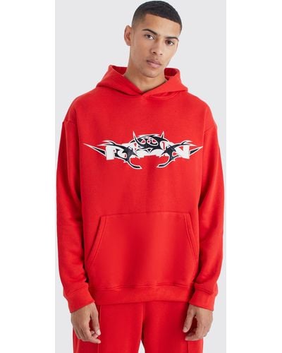 BoohooMAN Oversized Pu Applique Hoodie - Red
