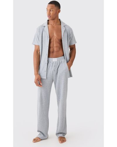 BoohooMAN Waffle Lounge Shirt & Relaxed Bottom Set In Gray Marl - White
