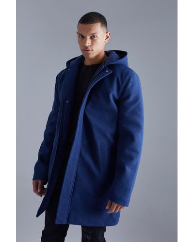 BoohooMAN Tall Concealed Placket Hooded Overcoat - Blue