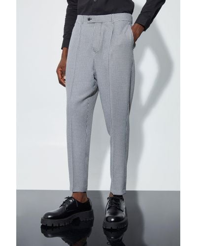 BoohooMAN High Rise Tapered Houndstooth Suit Pants - Gray