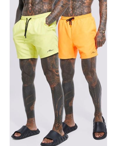 BoohooMAN Man Signature Mid 2 Pack Swim Shorts - Yellow