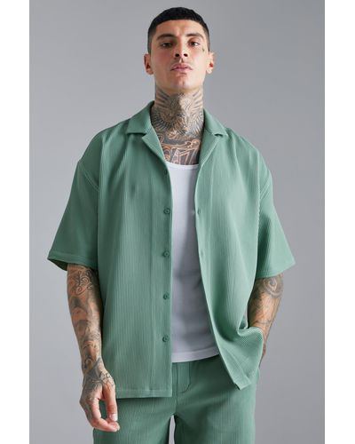BoohooMAN Pleated Short Sleeve Oversized Boxy Shirt - Green