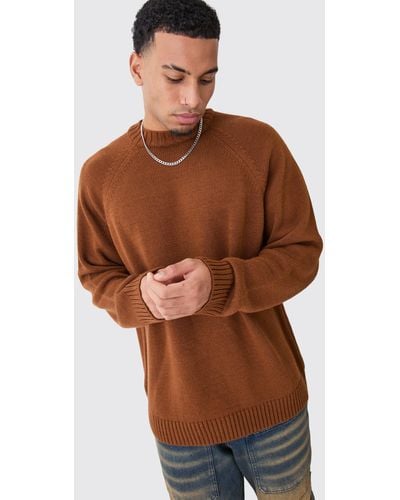 BoohooMAN Oversized Raglan Knitted Woven Label Sweater - Brown