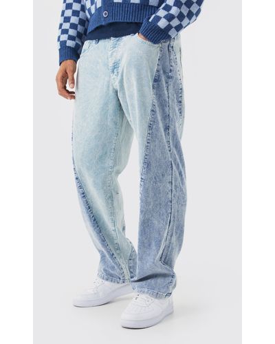 BoohooMAN Relaxed Color Block Acid Wash Cord Trouser - Blue