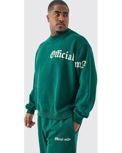 BoohooMAN Plus Oversized Boxy Slogan Sweatshirt Tracksuit - Green