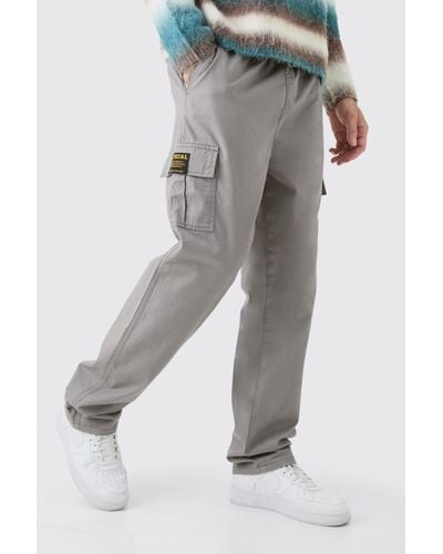 BoohooMAN Tall Fixed Waist Twill Straight Leg Cargo Tab Trousers - Grey